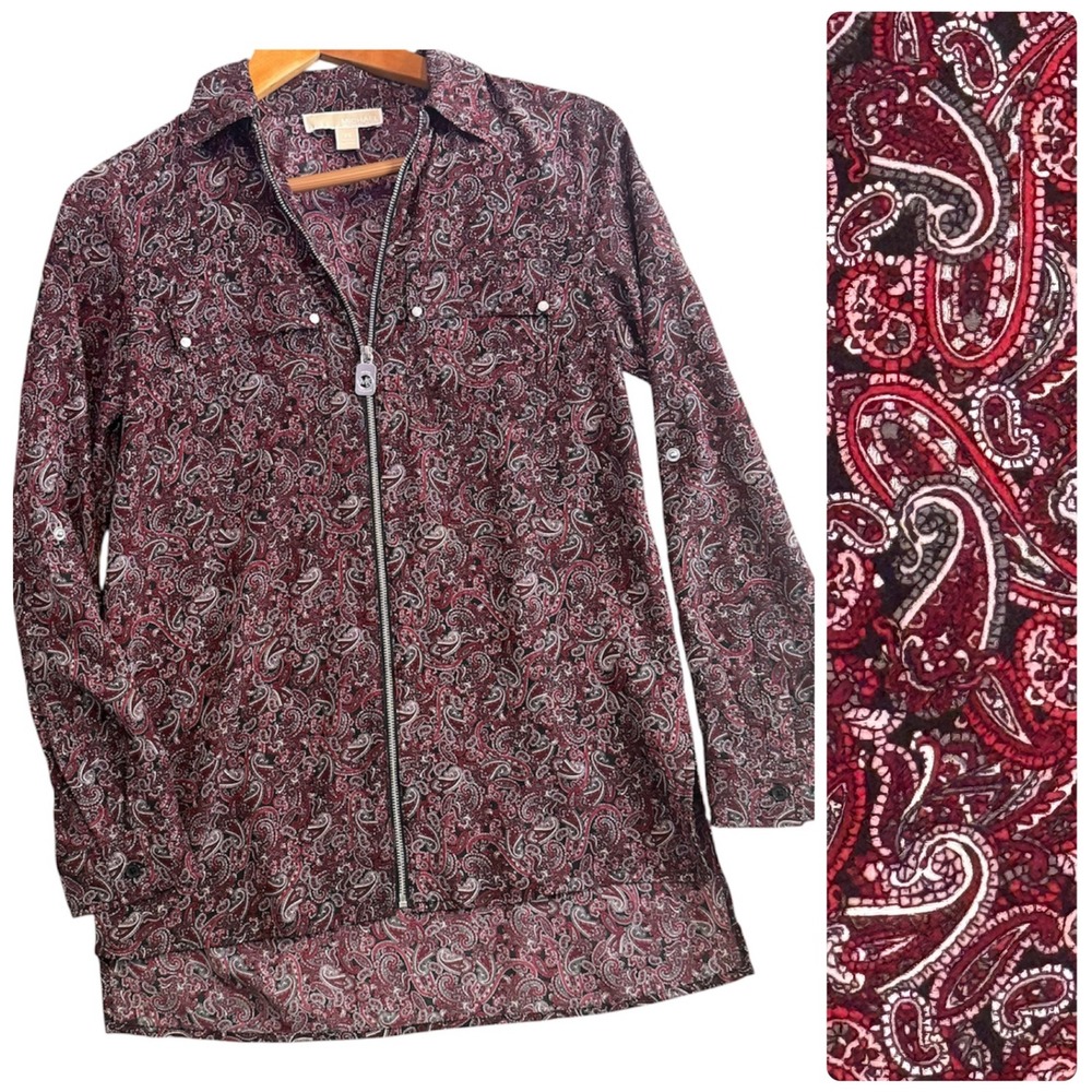 Michael Kors Paisley Zip Front Blouse Womens XS Burgundy Roll Tab Sleeve